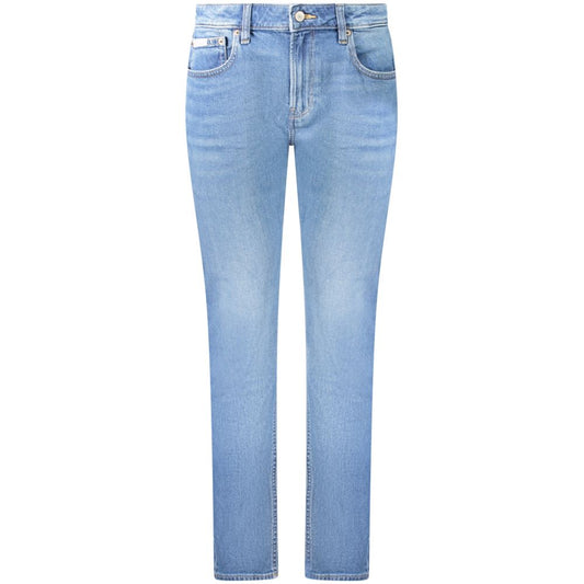 Calvin Klein Blue Cotton Women's Slim Jean featuring a mid-rise, slim fit in washed blue, perfect for casual chic looks.