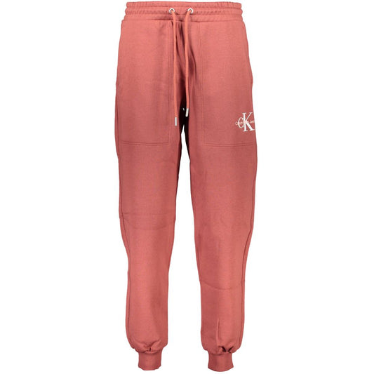 Calvin Klein Red Cotton Pant with elastic waist, fleece lining, ankle cuffs, sports embroidery, and logo on front.