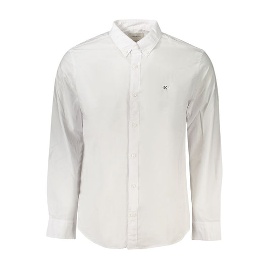 Calvin Klein White Cotton Men Shirt, classic fit with button-down collar, long sleeves and logo embroidery, front view.