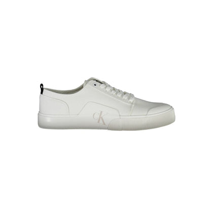 Calvin Klein White Cotton Men Sneaker made with 50% recycled materials, features iconic logo and crisp white design.