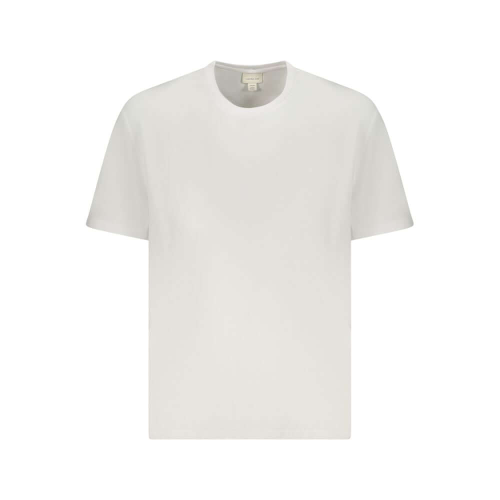 Calvin Klein White Cotton Men T-Shirt with embroidery and iconic logo, short sleeves, and crew neck, offering comfort and style.
