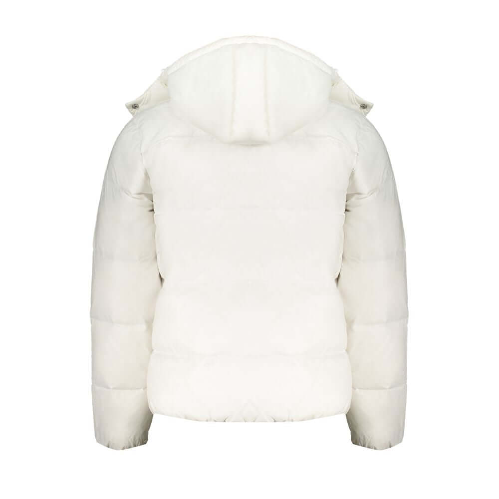 Calvin Klein White Polyamide Men Jacket with removable hood, luxurious eco-friendly design, back view showcasing sleek style.
