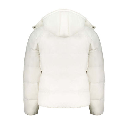 Calvin Klein White Polyamide Men Jacket with removable hood, luxurious eco-friendly design, back view showcasing sleek style.