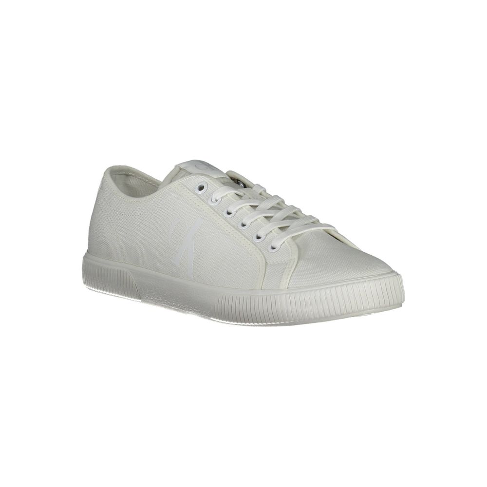 Calvin Klein White Polyester Men Sneaker with bold logo and eco-friendly design, made using recycled materials.
