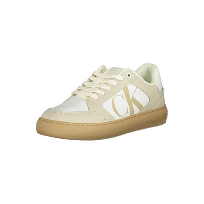 Calvin Klein White Polyester Sneaker with logo, contrasting sole, and laces made of 50% recycled polyester for sports.
