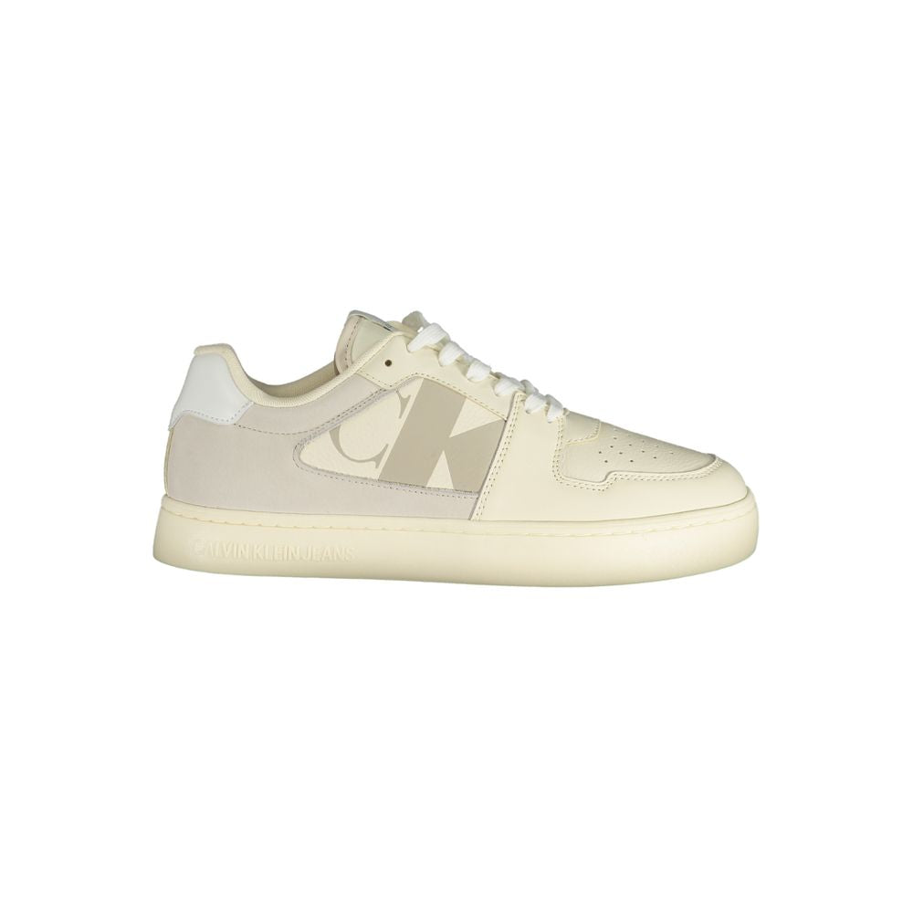 Calvin Klein White Polyethylene Men Sneaker with dove grey details and removable insole, featuring iconic logo, side view.