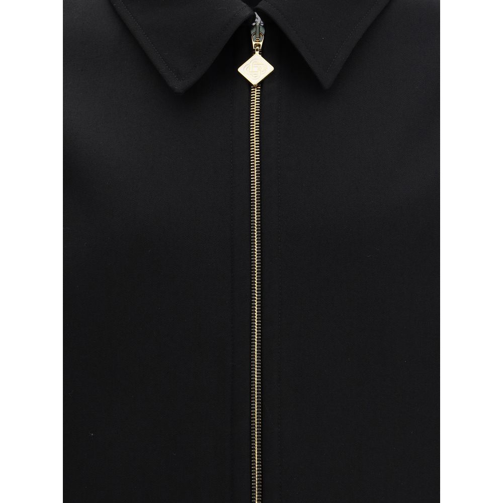 Casablanca Black Wool Full-Length Jacket with logoed zipper and pointed collar