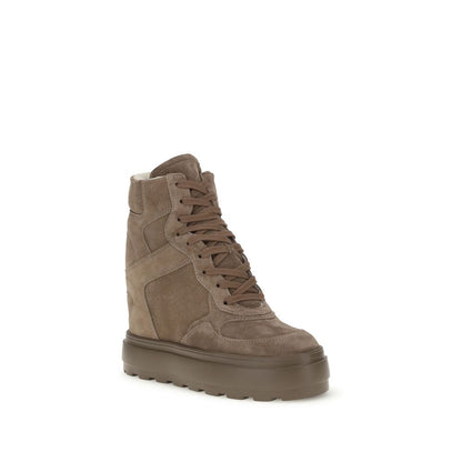 Casadei Beige Calf Leather Bos Taurus Sneakers with suede finish and hidden wedge, featuring lace-up closure and rubber sole.