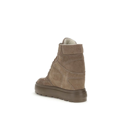 Casadei Beige Calf Leather Bos Taurus Sneakers with rubber lugged sole and hidden wedge, side view.