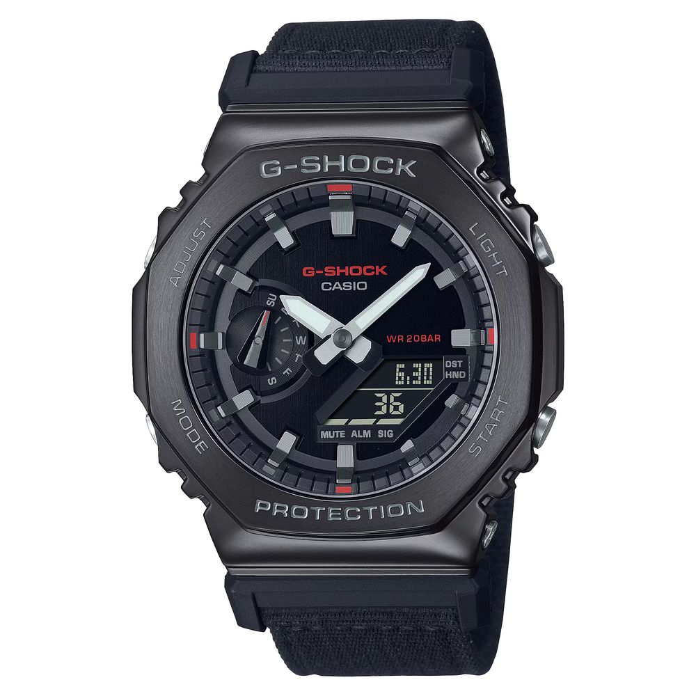 Casio Black Fabric Sport Watch with stainless steel case, analog/digital display, G-SHOCK features, black fabric strap, 20ATM water resistance.