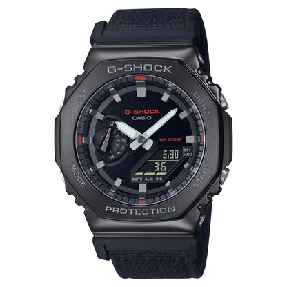 Casio Black Fabric Sport Watch with stainless steel case, analog/digital display, G-SHOCK features, black fabric strap, 20ATM water resistance.