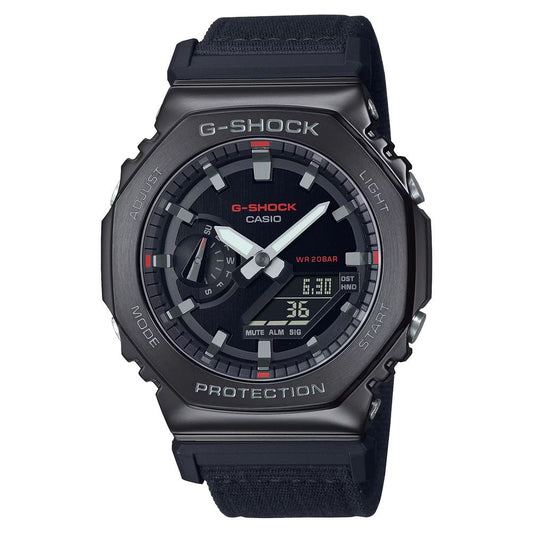 Casio Black Fabric Sport Watch with stainless steel case, analog/digital display, G-SHOCK features, black fabric strap, 20ATM water resistance.