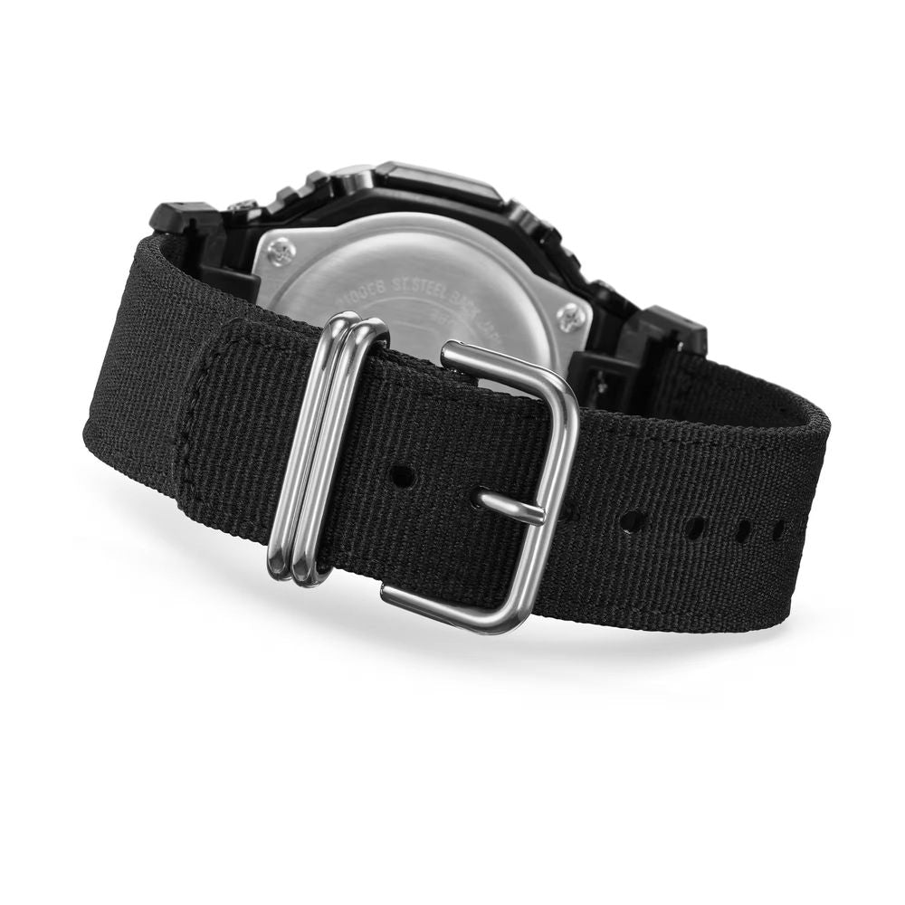 Back view of Casio Black Fabric Sport Watch with stainless steel case and fabric bracelet, showing buckle closure.