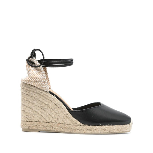 Castañer Castaner Flat shoes Black with ankle strap, high wedge heel, braided raffia, leather espadrilles, heel 3.5 in, platform 0.8 in