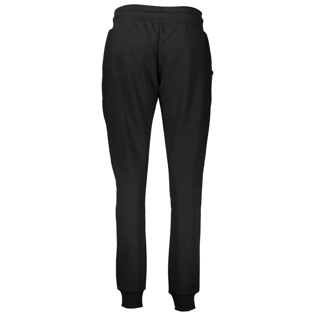 Cavalli Class Black Cotton Pant with elastic waist, ankle cuffs, and logo print, featuring a sporty and comfortable design.