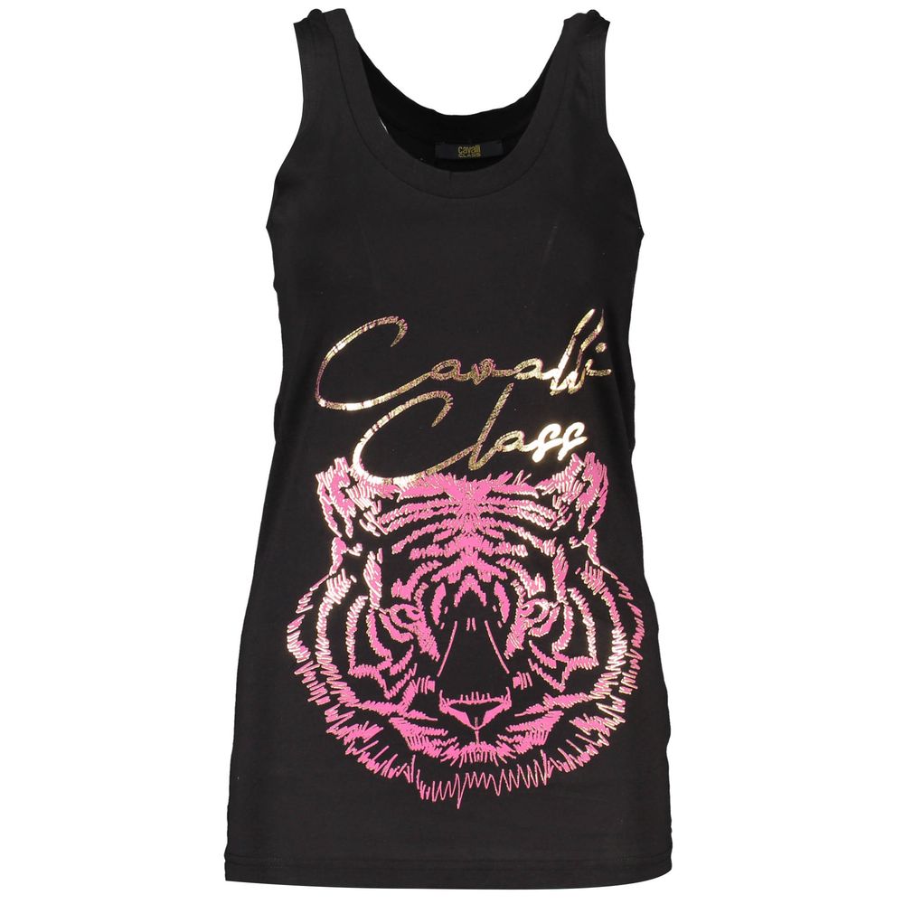 Cavalli Class Black Cotton Tank Top with wide shoulders, round neck, and tiger print logo.