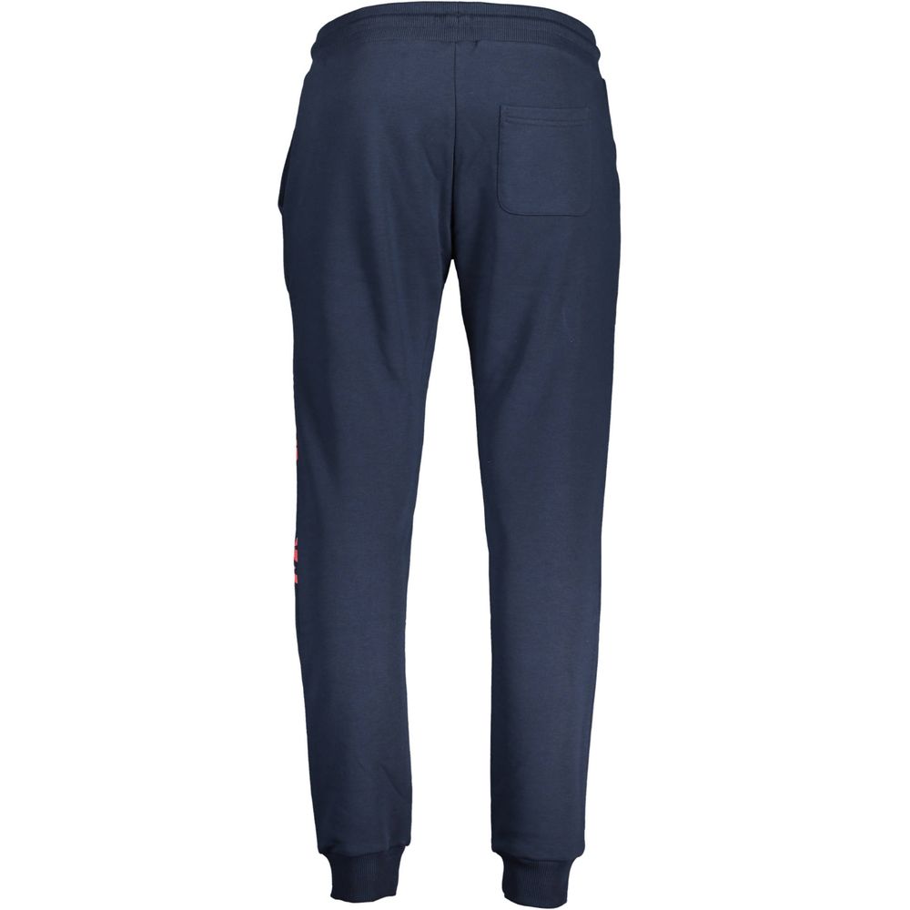 Back view of Cavalli Class Blue Cotton Pant with elastic waistband, ankle cuffs, and logo print.