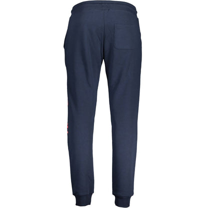 Back view of Cavalli Class Blue Cotton Pant with elastic waistband, ankle cuffs, and logo print.