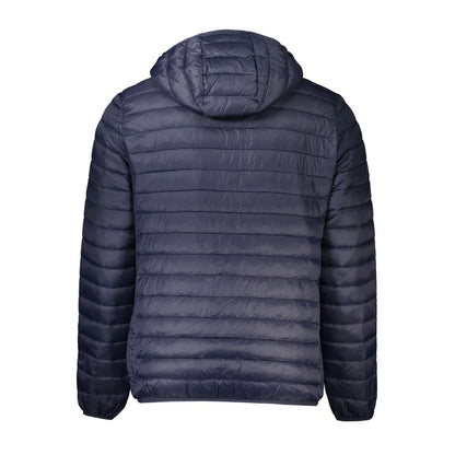 Back view of Cavalli Class Blue Polyamide Men Jacket with hood and padding.