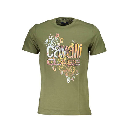 Cavalli Class Green Cotton T-Shirt with short sleeves and a round neck featuring a printed logo design