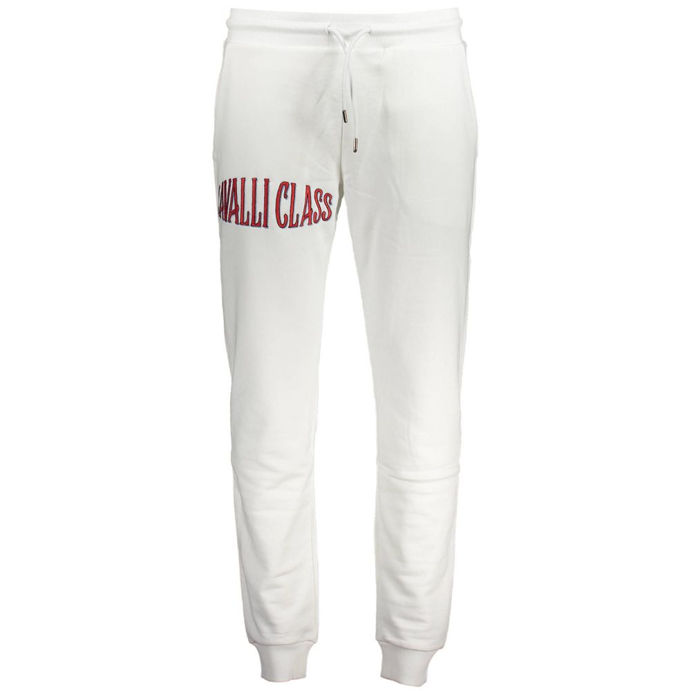 Cavalli Class White Cotton Pant with sporty design, elastic waist, drawstrings, ankle cuffs, and embroidery logo detailing.