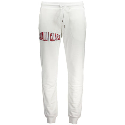 Cavalli Class White Cotton Pant with sporty design, elastic waist, drawstrings, ankle cuffs, and embroidery logo detailing.