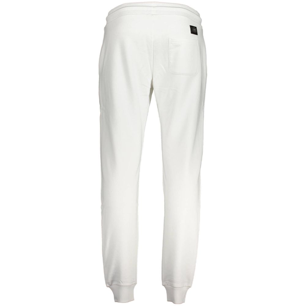 Back view of Cavalli Class White Cotton Pant with ankle cuffs, elastic waist, and logo. Sporty brushed trousers with pockets.