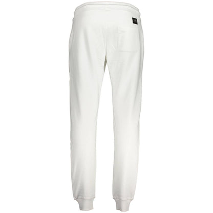 Back view of Cavalli Class White Cotton Pant with ankle cuffs, elastic waist, and logo. Sporty brushed trousers with pockets.