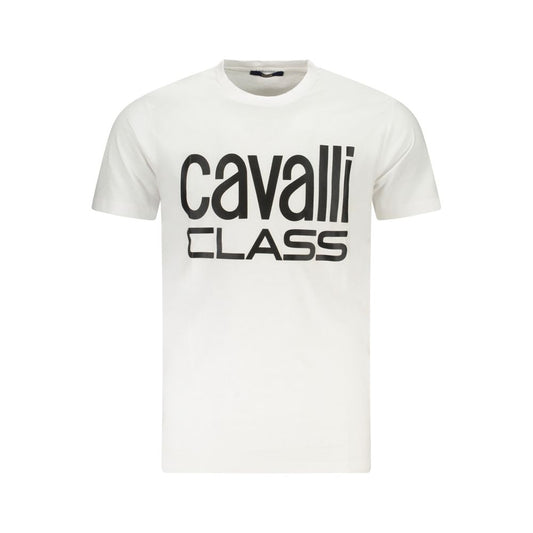 Cavalli Class White Cotton T-Shirt with crew neck, short sleeves, and logo print design.