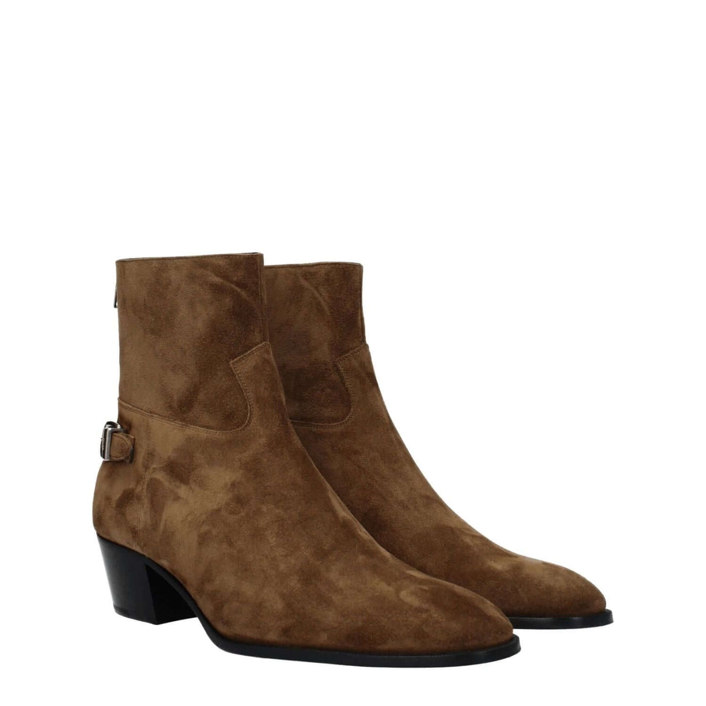 Celine Brown Leather Ankle Boots with vintage suede and mid heels, featuring a round toe and zip closure.