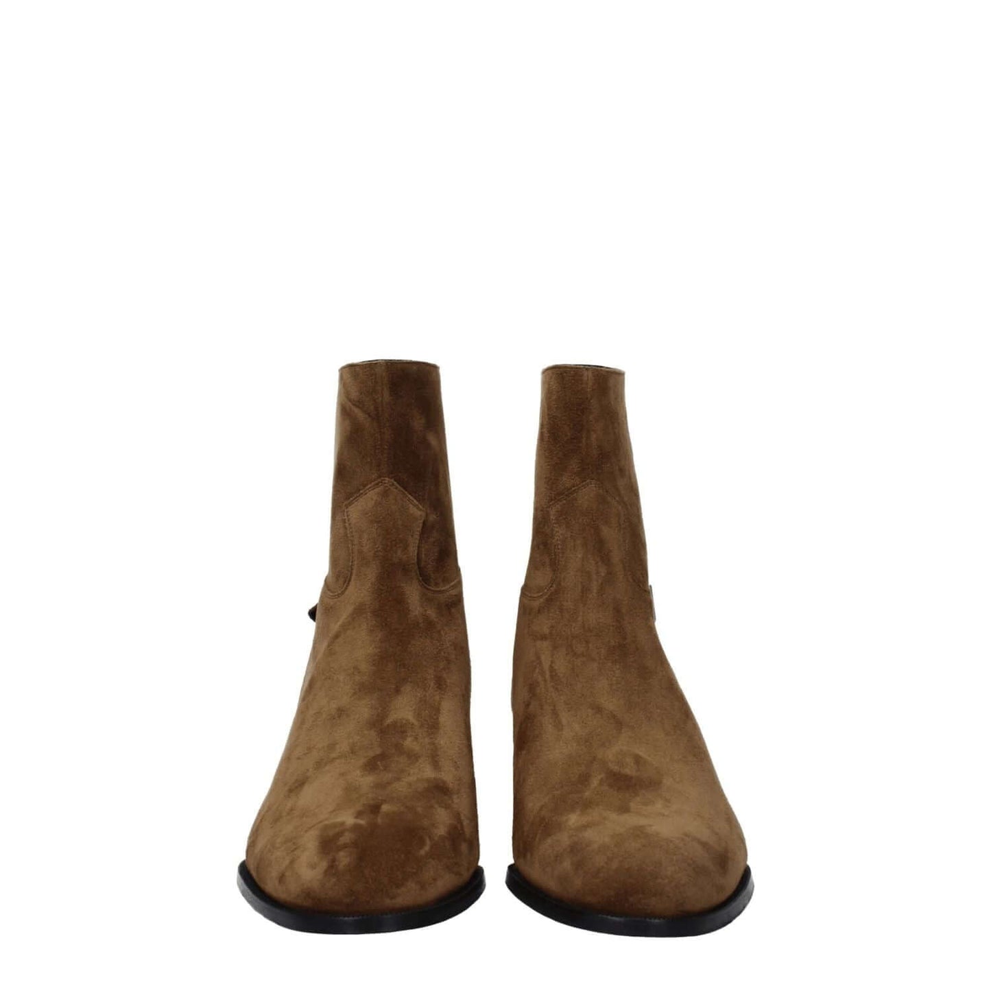 Celine Brown Leather Ankle Boots with suede finish, zip closure, and round toe, featuring a 5 cm mid heel and taupe details.