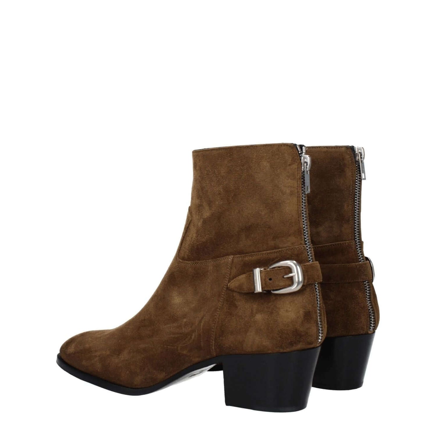 Celine Brown Leather Ankle Boots with suede zip closure and mid heels, featuring a round toe and vintage effect design.