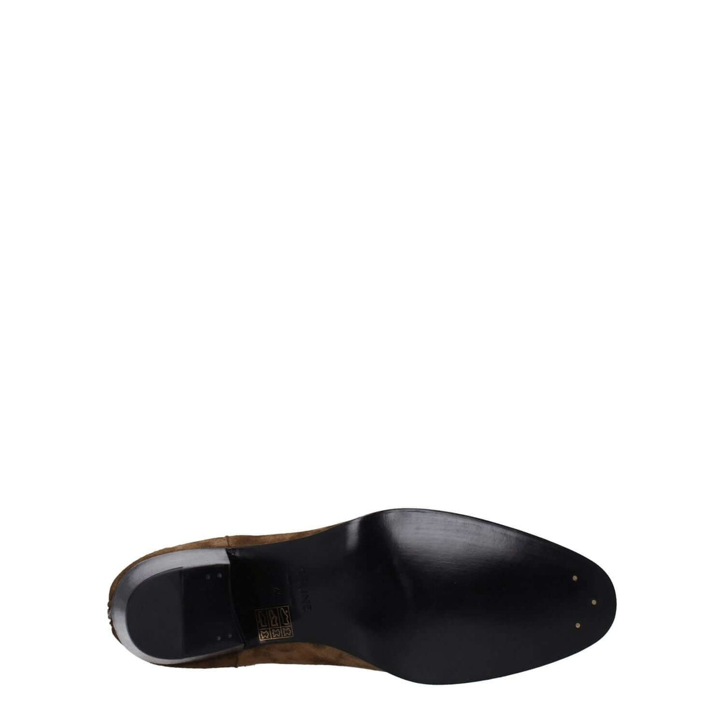 Sole view of Celine Brown Leather Ankle Boots with suede upper, featuring a leather sole, 5 cm mid heels, and round toe design.