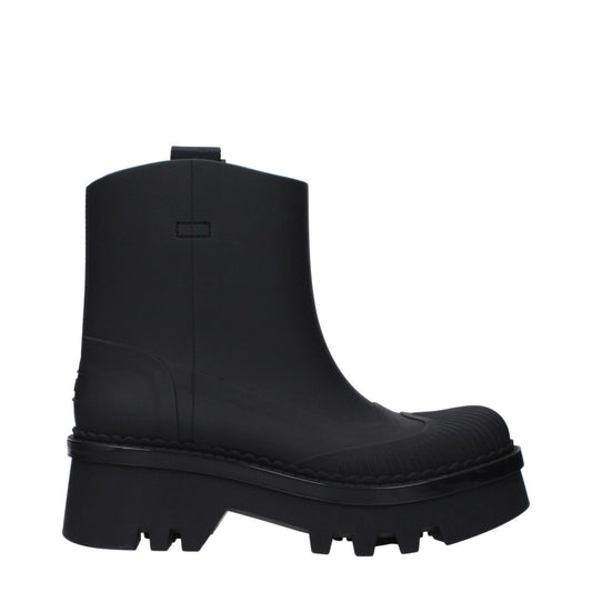 Chloé Black Cotton Ankle Boots with rubber sole and mid heels, featuring back logo and round toe design.