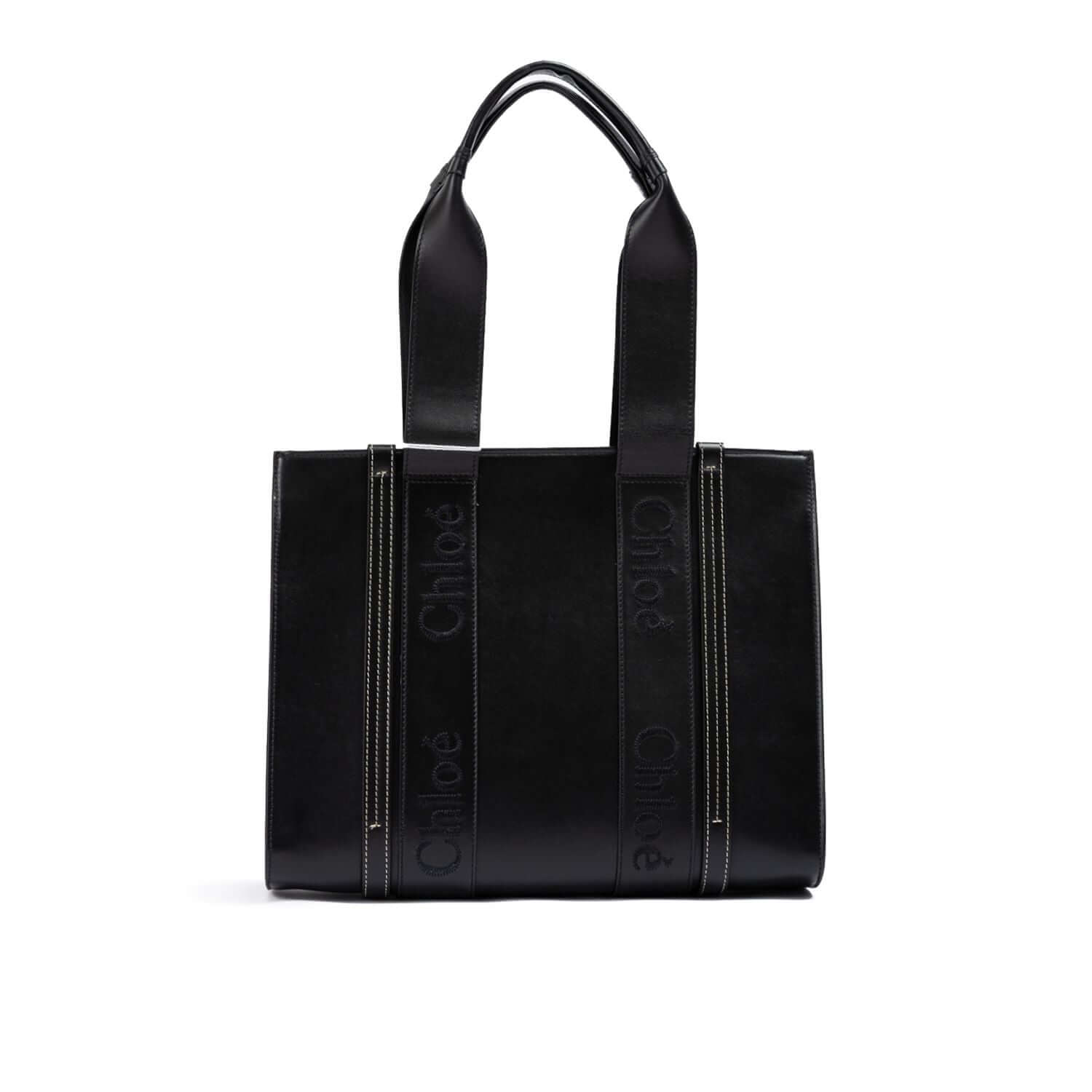 Chloé Black Woody Embroidered Logo Leather Medium Tote Bag