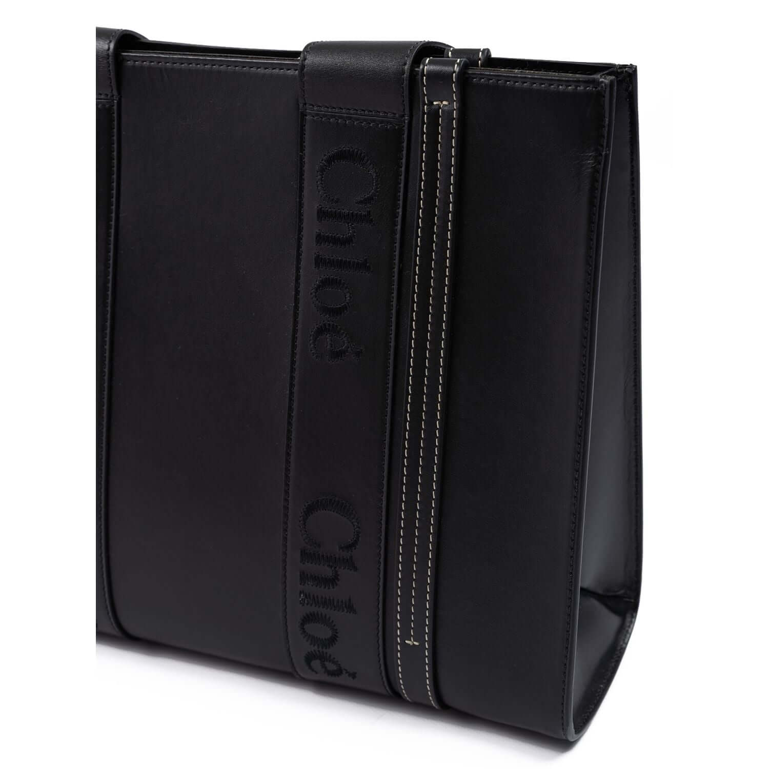 Chloé Black Woody Embroidered Logo Leather Medium Tote Bag