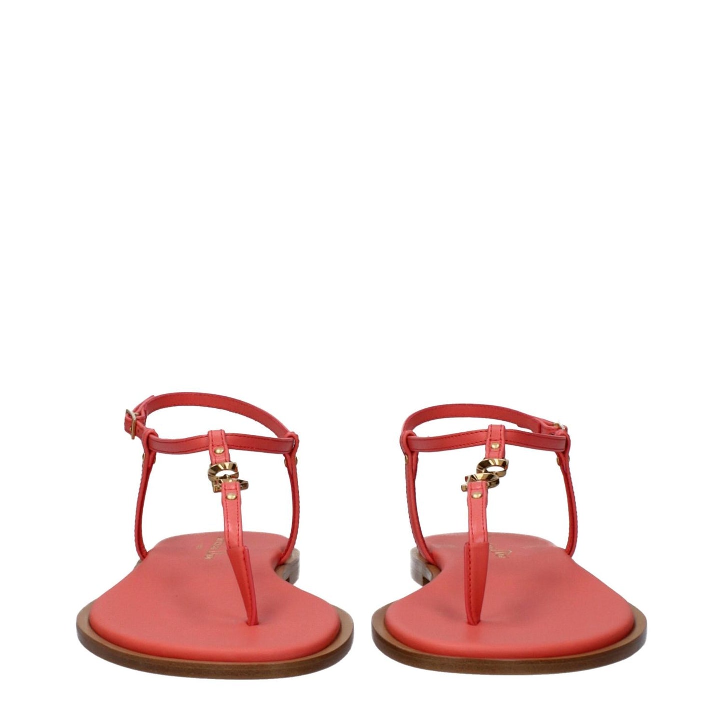 Christian Dior Pink Leather Flip-Flop Sandals with buckle closure and logo, featuring coral accents, open toe, low heel.
