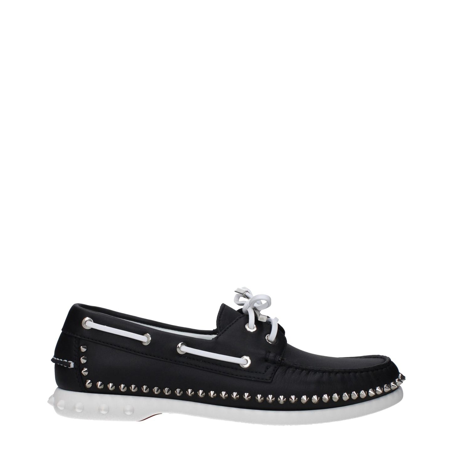 Christian Louboutin Black Leather Slip-On Loafers with studs, lace-up closure, rubber sole, and round toe in side view.