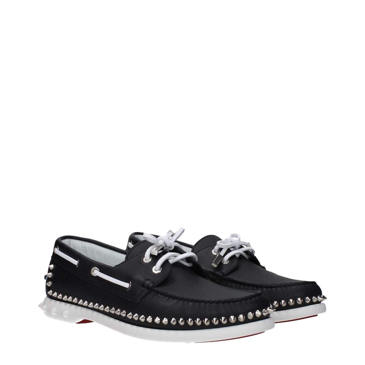 Christian Louboutin Black Leather Slip-On Loafers with studs, lace-up closure, and round toe design featuring rubber sole.