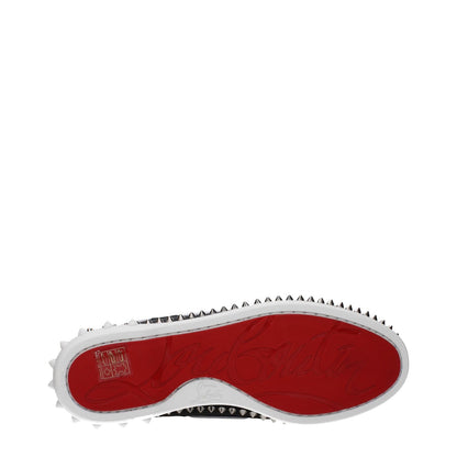 Sole view of Christian Louboutin Black Leather Slip-On Loafers with red rubber sole and stud accents.
