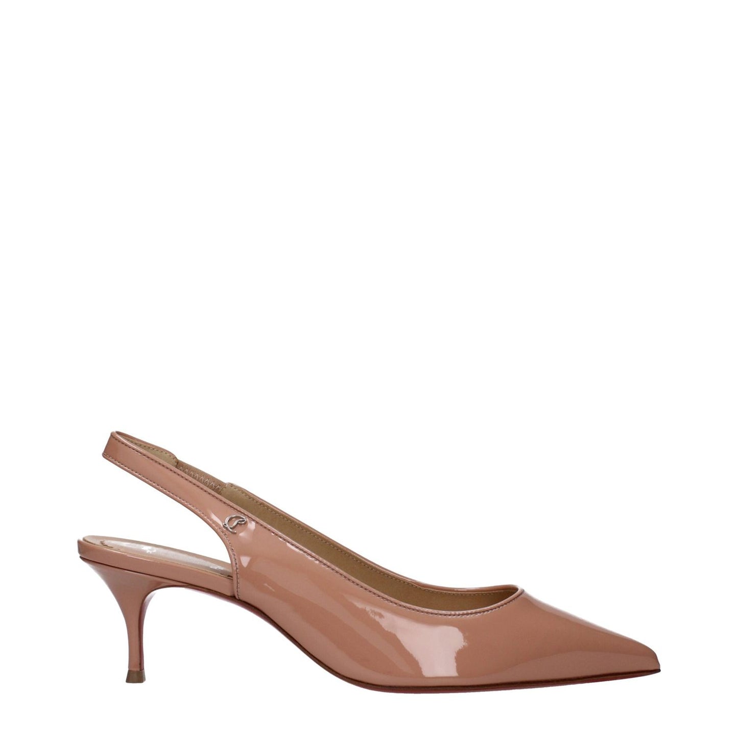 Christian Louboutin Pink Leather Mid Heel Pumps with pointy toe, patent leather finish, and side logo detail.