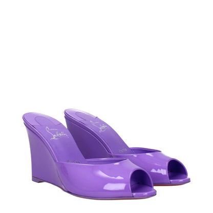 Christian Louboutin Purple Leather Wedge Sandals with open toe and patent finish, MPN 3230054L300, showcasing a 9.5 cm wedge heel.