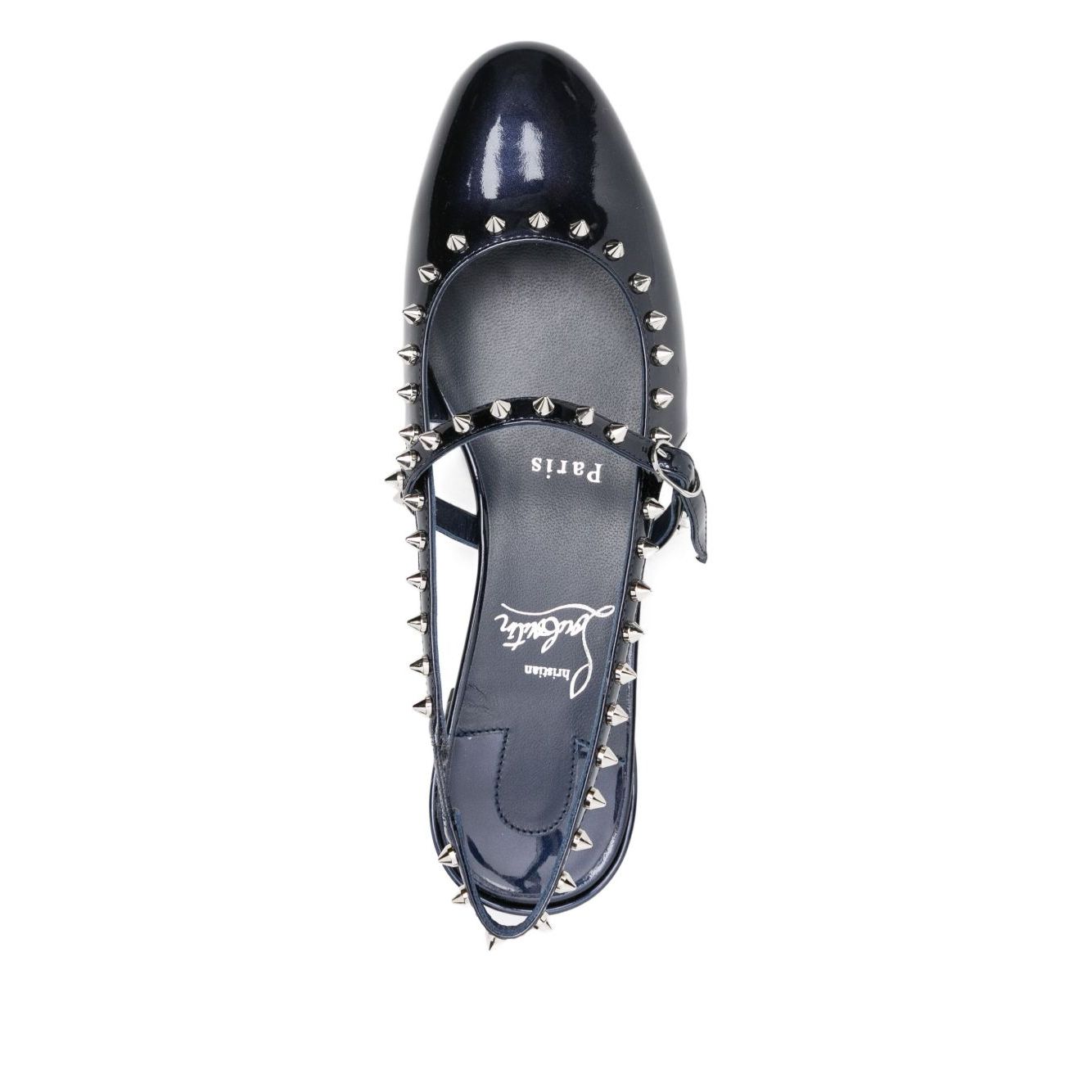 Top view of blue patent leather Christian Louboutin Sweet Janispikes Ballerinas with slingback and studs.