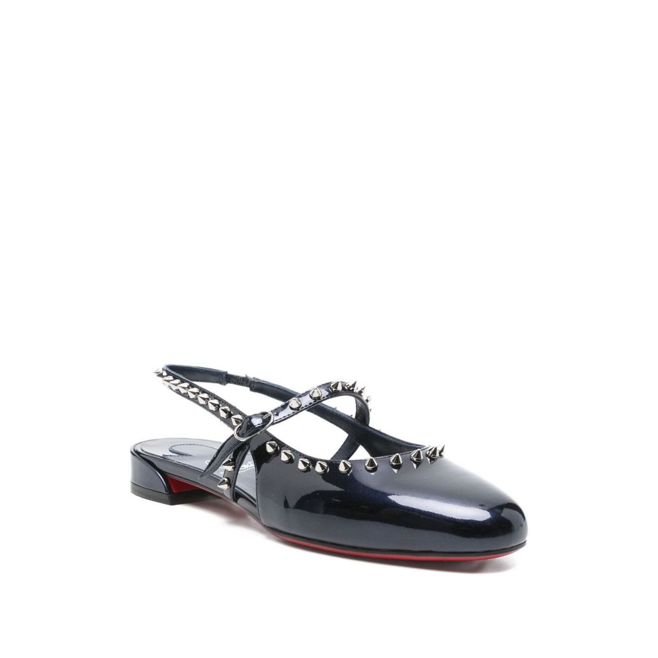 Christian Louboutin Sweet Janispikes Ballerinas in blue patent leather with studs, round toe, slingback strap, and a 2 cm heel.