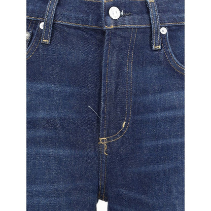 Close-up of Citizens of Humanity Blue Cotton Flared Jeans featuring five-pocket design and button closure.