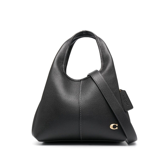 Coach Lana 25 leather crossbody bag in black calf leather with pebbled texture, gold-tone logo plaque, and detachable shoulder strap.