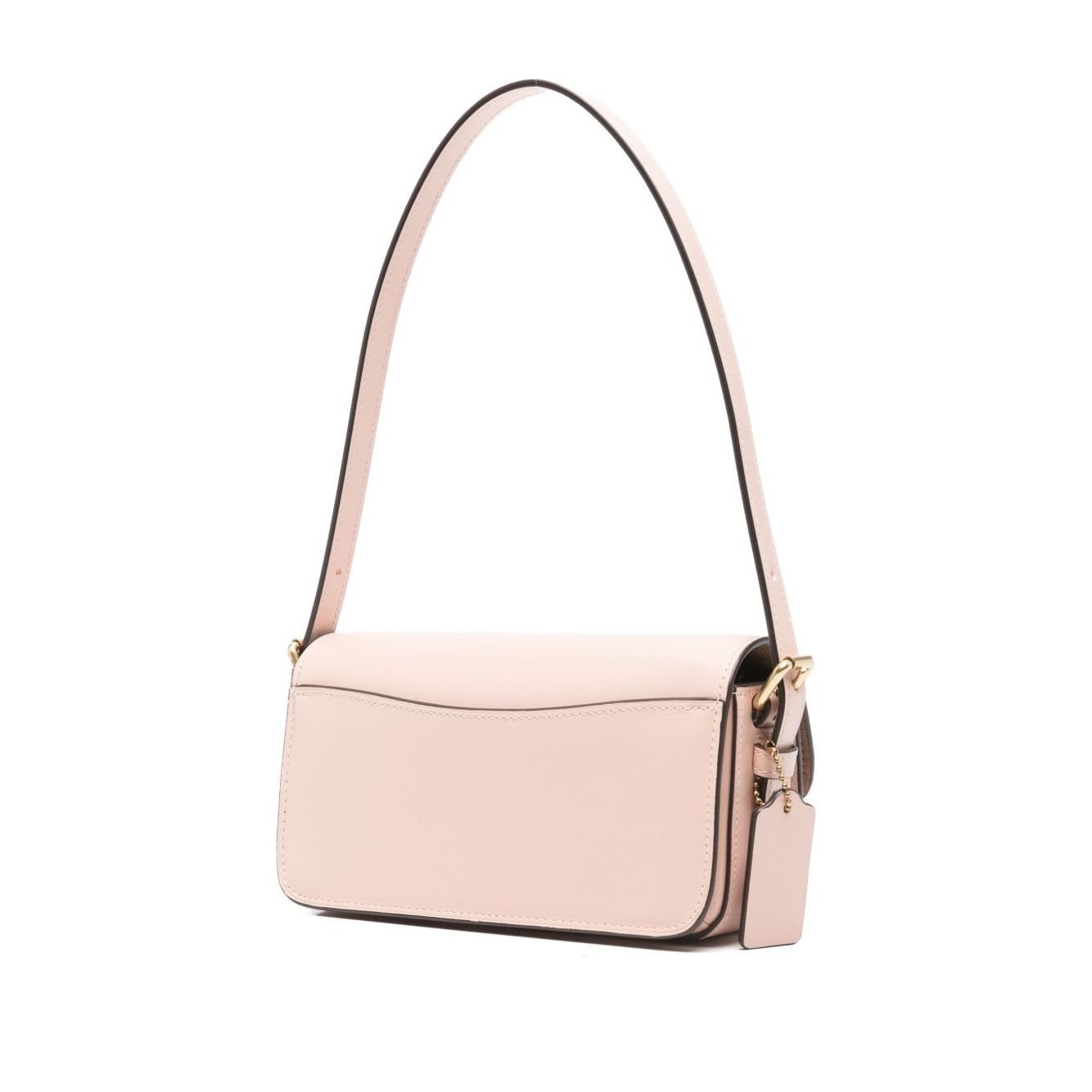 Cream Coach Zoe leather shoulder bag with gold-tone clasp and shoulder strap, featuring a rectangular shape. Size: Depth 7cm, Height 10cm, Width 19cm.