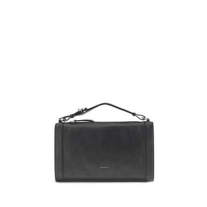 Coccinelle Black Calf Leather Bos Taurus Handbag with adjustable handle, silver logo, top zipper closure, and elegant design.