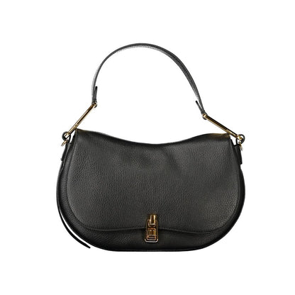 Coccinelle Black Leather Women Handbag with single shoulder handle and swivel closure, featuring Coccinelle logo and internal pockets.