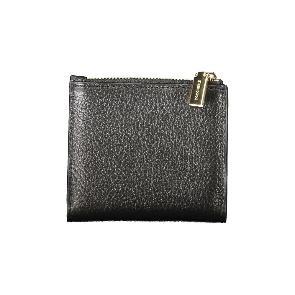 Coccinelle Black Leather Women Wallet featuring high-shine finish, iconic logo, and compact design for stylish organization.